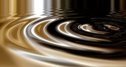 3d wallpaper of liquid ripples or silver shiny circular lines with a metallic reflection on the surface. texture, effect and artistic pattern of movement in a chrome pool with glowing zen water