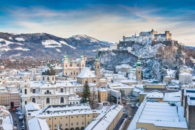 beautiful view of the historic city of salzburg with festung hohensalzburg in winter, salzburger land, austria