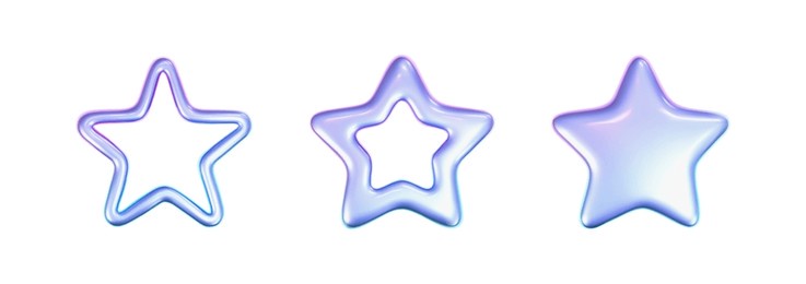 3d holographic stars set in y2k futuristic style isolated on white background. render 3d cyber chrome galaxy emoji with falling and flying stars, blings and sparks. 3d vector y2k illustration