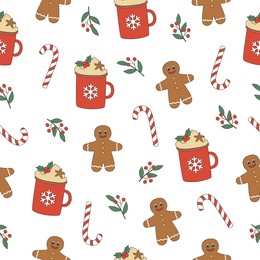 groovy christmas seamless pattern. red cup, gingerbread man and candy cane in trendy retro cartoon style. background for winter festive design. vector illustration