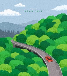 spring road trip. mountain beautiful landscape. vacation, holiday adventure. the car drive along the highway. summer season banner background. simple graphic. trendy flat design. vector illustration.