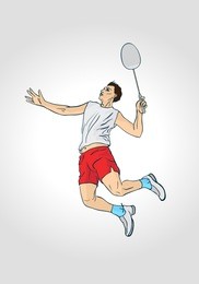 hand drawn vector illustration of badminton : a professional badminton player jumping and hitting a shuttlecock, on white background