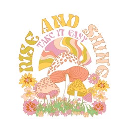 natural groovy vibes, mushroom slogan print with hippie style mushroom and flowers background - 70's groovy themed hand drawn abstract graphic tee vector sticker