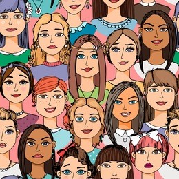 colored cartoon women faces crowd doodle hand-drawn seamless pattern