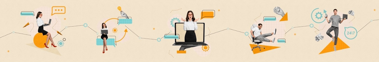 collage picture configuration workers use gadget laptop technical support clients customers answer emails isolated on beige background