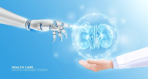 innovative technologies in medical health care futuristic. robot hand ai artificial intelligence assistance touch organ human kidney virtual simulation in doctor hand. realistic 3d vector eps10.