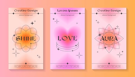 vectorstory gradient templates with linear shapes,heart,blurred sparkles,copy space for text in 90s style.smm banners in y2k aesthetic.trendy designs for social media marketing,branding,packaging