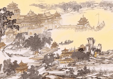 antique hand drawn oil painting on canvas, landscapes traditional and contemporary art, fishing boat with golden background, watercolour painting colourful of monuments architecture high angle view