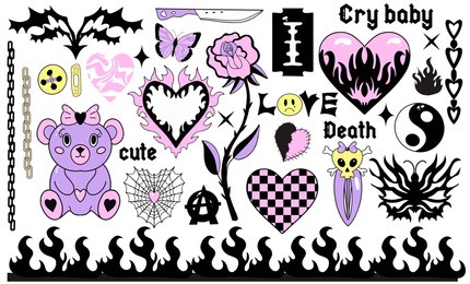 y2k 2000s cute emo goth aesthetic stickers, tattoo art elements and slogan. vintage pink and black gloomy set. gothic concept of creepy love. vector illustration