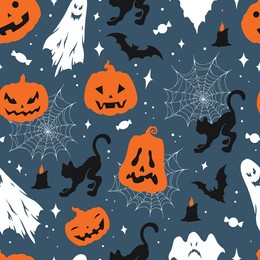 halloween festival colorful seamless pattern with jack pumpkins and cobwebs near cats and flying white ghosts vector illustration