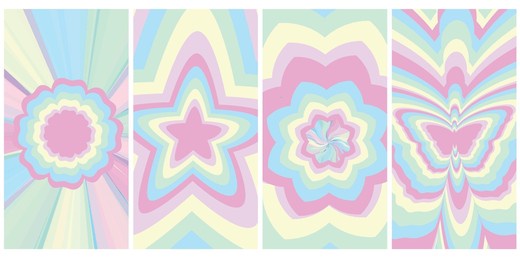 set of groovy hippie 70s backgrounds. y2k aesthetic rainbow, swirl, heart, star, butterfly. trendy vector texture in retro psychedelic style.