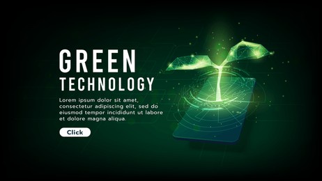 young plant sprouts or seeding on mobile with circuit effect.low polygon.agriculture technology and science concept, ecology system.hi-tech and futuristic.digital and technology concept background.