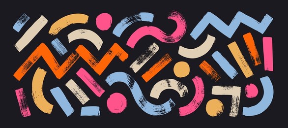 colorful abstract geometric shapes and bold brush lines vector collection. hand drawn circles, straight thick lines, zigzag and curved smears. grunge texture isolated shapes.