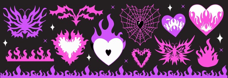 y2k gothic flame tattoo pink stickers. retro psychedelic love art, barbed wire, fire, butterfly, heart. aesthetic  2000s emo goth girl. vector illustration.
