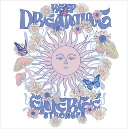 vintage celestial sun illustration print with retro groovy flowers, butterfly and mushroom slogan for woman graphic tee t shirt or poster - vector