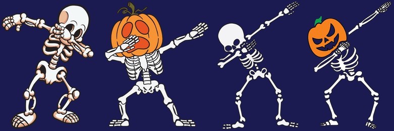 dabbing halloween skeletons with the head of pumpkin set