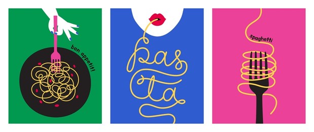 spaghetti on a fork. tasty italian food eating. abstract poster set. restaurant menu decoration. world pasta day hand lettering. bright colored typography. trandy style design flat vector illustration