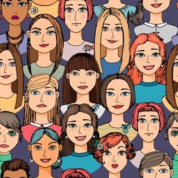 cartoon women faces crowd doodle hand-drawn seamless pattern