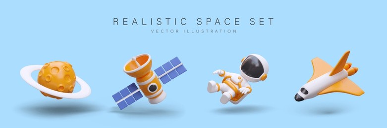 realistic space set. planet with asteroid belt, shuttle, astronaut in suit, orbital satellite. flight into universe. isolated color icons in cartoon style