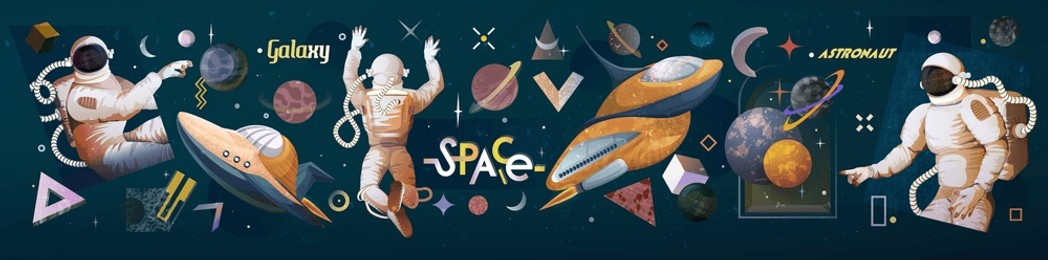 retro space. galaxy exploration. astronaut in spacesuit. cosmic planet or spaceship. psychedelic abstract shapes. interstellar shuttle flight. universe exact poster. vector illustration