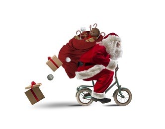 santaclaus delivering gifts with a small bicycle