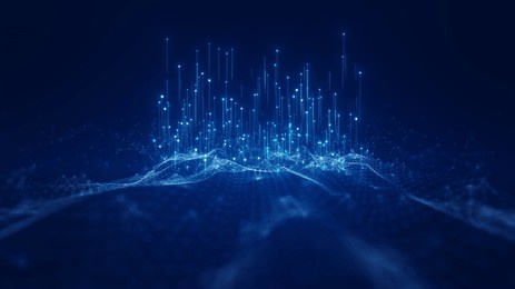 digital technology concept big data visualization. the flow of a large number of different important information together. polygonal particles are connected on a dark blue background.