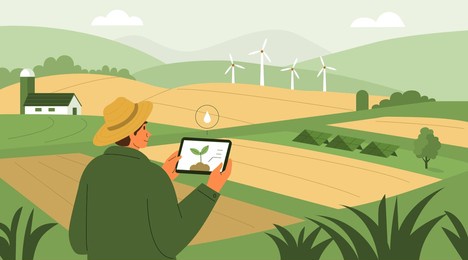 sustainable agriculture concept. farmer using green agricultural technology and combining wind and solar power with farming. vector illustration