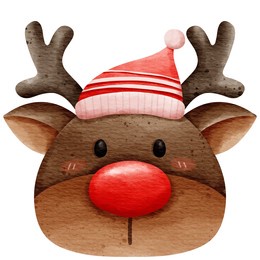 isolated cute watercolor brown reindeer wear red christmas beannie hat in white background