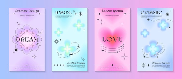 vector story gradient templates with linear shapes,heart,blurred sparkles,copy space for text in 90s style.smm banners in y2k aesthetic.designs for social media marketing,branding,packaging