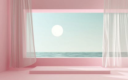 modern minimalistic interior with a view of the sea, ocean - 3d renderer. simple background with a podium, showcase  for advertising and presentations. aesthetic architecture of the building space.