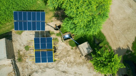 aerial view of a solar powered tube well for irrigation in the thal desert 