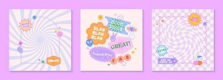 vector templates with patches and stickers in 90s style.modern emblems in y2k aesthetic chess and spiral backgrounds.trendy funky designs for banners,social media marketing,branding,packaging,covers