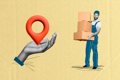 composite collage picture of mini black white colors courier guy hold pile stack boxes big arm palm hold location destination mark