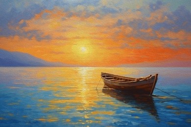 sky sunset and boat on the water. modern impressionism.original oil painting on canvas. 
