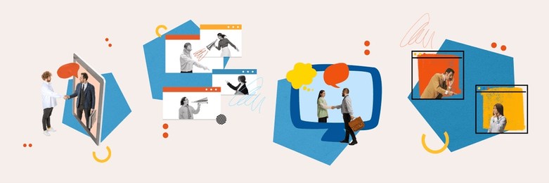 contemporary art collage. young business people communicating messages chatterbox announcement isolated on color background. concept of business.communication, interviewing, cooperation. banner