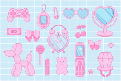 cute set. pink women's accessories. kawaii glamour. teenage girly style. nostalgic pinkcore 2000s style. lipstick, glasses, ticket, lollipop ring, jelly bears gummy, flip phone.
