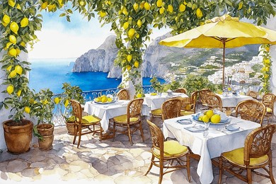 hand drawn watercolor painting of lemon trees restaurant in capri. landmark painting with ripe lemons, plant, terrace, table set up, chairs, parasol, sea view, island, costal town and sunny sky 