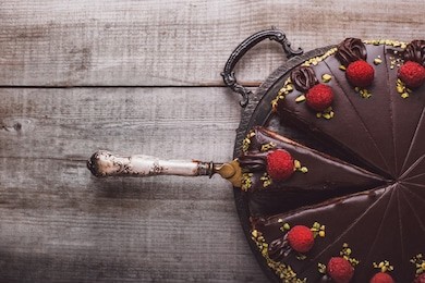chocolate cake with marzipan and raspberries