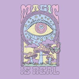 hand drawn psychedelic eye landscape trippy mushroom magic weird butterfly stars sky hippy acid pastel rainbow typography tshirt tee print for apparel merchandise