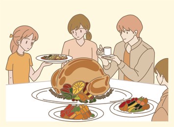 happy family having thanksgiving, christmas, festive meal together. father, mother, daughter, son sitting, serving food at the table. hand drawn flat cartoon character vector illustration.