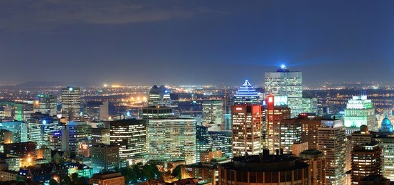montreal at dusk panorama with urban skyscrapers viewed from mont royal