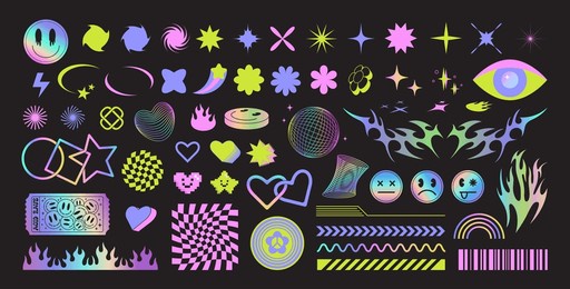 y2k colorful geometric shapes, figures, icons. set of abstract acid rave elements. retro funky flowers, stars, emoji, checkered pattern, hearts. holographic stickets in rainbow colors. vector design