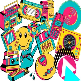 totally 90s themed collage, blue, yellow, and pink