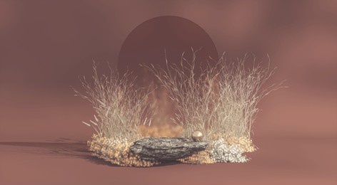 autumn scene with a podium for product display. 3d rendering.
