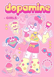 dopamine girl,pink girl,girl stickers,pink hair girl,y2k style,y2k girl,flat illustration style,hottie,pretty girl,