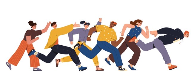 a crowd of happy people runs quickly. crazy people overtake each other. a group of excited male and female shoppers, rushing and hunting for sales. flat  illustration isolated on white background