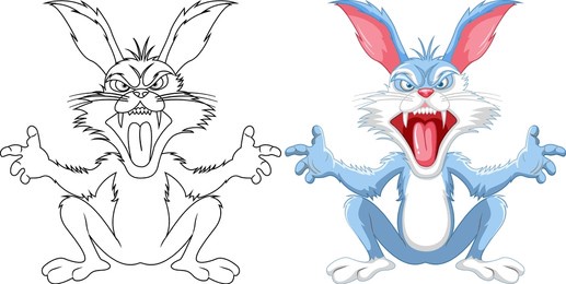 a blue vector cartoon illustration of a crazy rabbit sitting with sharp teeth, perfect for coloring pages
