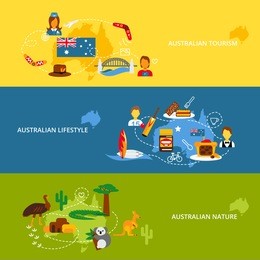 australia travel flat banner set with australian tourism lifestyle nature isolated vector illustration