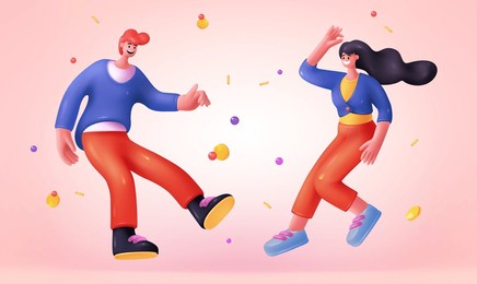 3d people. happy render persons. man or woman poses. young human students. flying couple. joyful friends jumping. smiling male and female. plastic circles. vector cartoon exact icons
