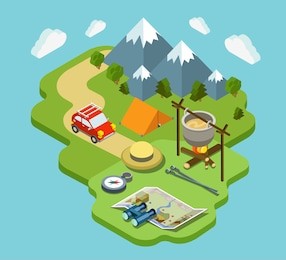 camping travel outdoor active vacation flat 3d isometric pixel art modern design concept vector. mountain forest meadow bowler tent fire chowder skewer. web banners website infographics illustration.
